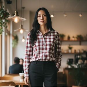 Talbots Holiday Shimmer Preppy Red Tartan Plaid Shirt Women Red 2X Long Sleeve